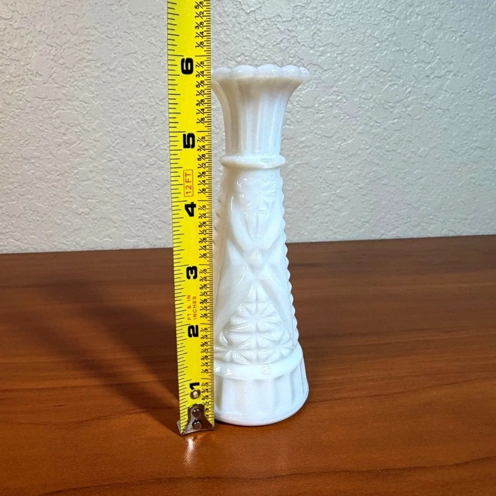 Vintage White Milk Glass Bud Vase Scalloped Rim Starburst Pattern 6 Inch